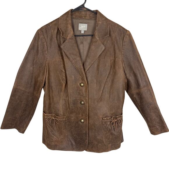 J. Jill Plus Size Brown Waxed Leather Jacket Metal Buttons Peplum Back Size 1X - Picture 1 of 10
